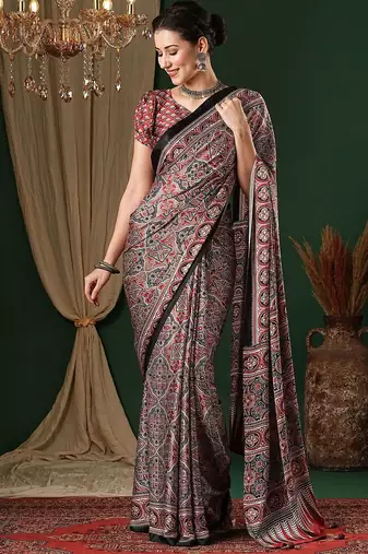 red ethnic motifs ajrak crepe saree