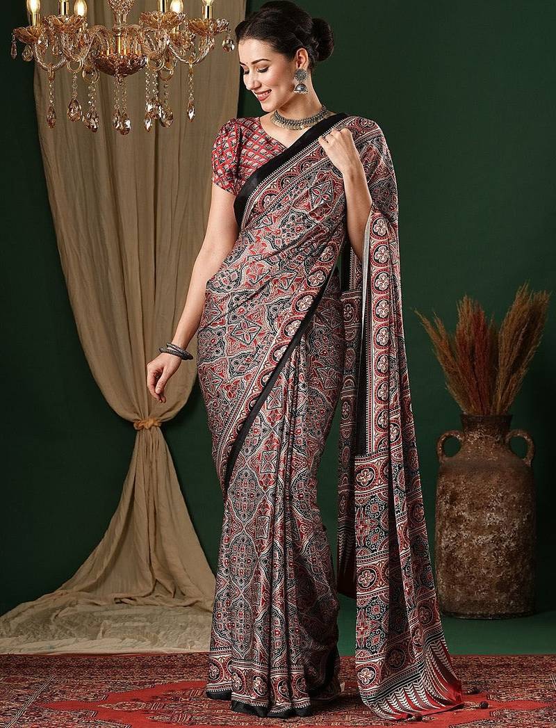 red ethnic motifs ajrak crepe saree