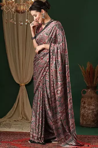 red ethnic motifs ajrak crepe saree
