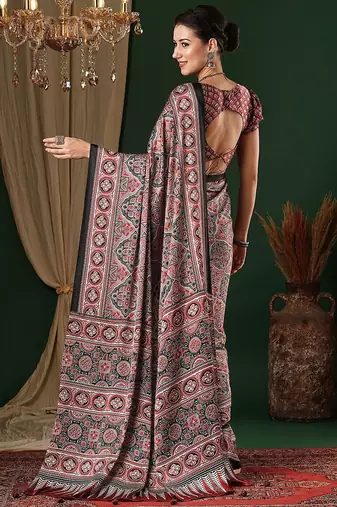 red ethnic motifs ajrak crepe saree