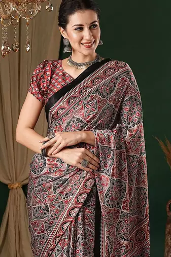 red ethnic motifs ajrak crepe saree