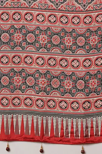red ethnic motifs ajrak crepe saree