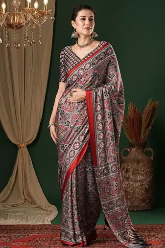 grey ethnic motifs ajrak crepe saree