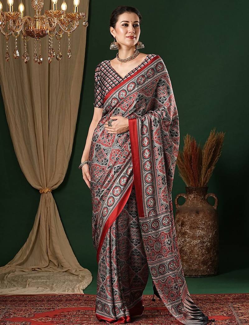 grey ethnic motifs ajrak crepe saree