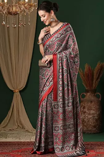 grey ethnic motifs ajrak crepe saree