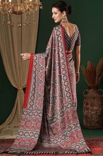 grey ethnic motifs ajrak crepe saree