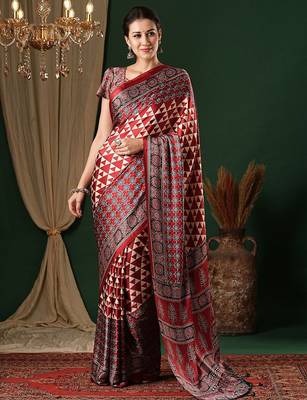 red ethnic printed crepe designer saree 1