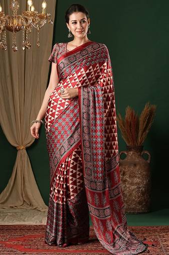 red ethnic printed crepe designer saree
