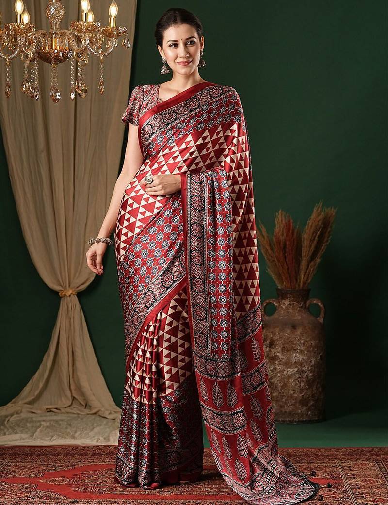 red ethnic printed crepe designer saree