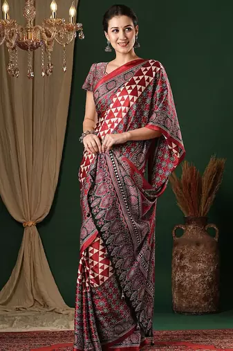 red ethnic printed crepe designer saree