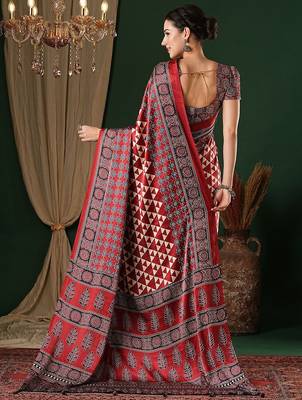 red ethnic printed crepe designer saree 3