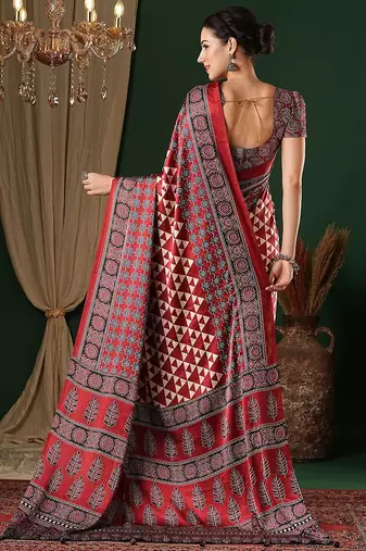 red ethnic printed crepe designer saree