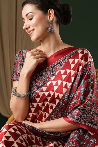 red ethnic printed crepe designer saree