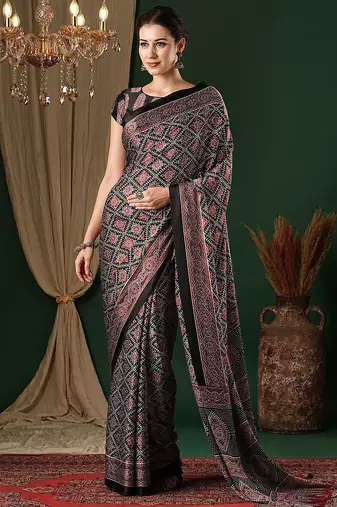 black ethnic motifs ajrak crepe saree