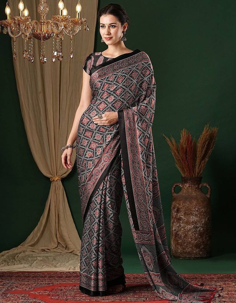 black ethnic motifs ajrak crepe saree