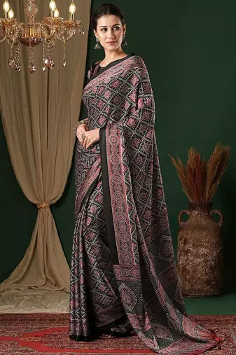 black ethnic motifs ajrak crepe saree