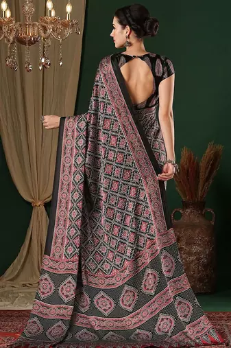 black ethnic motifs ajrak crepe saree