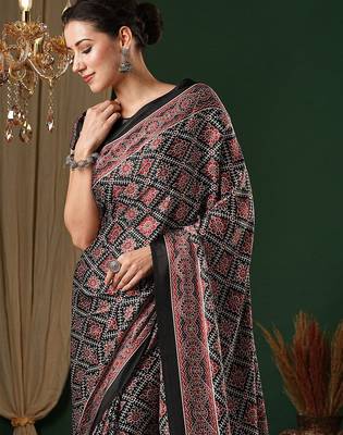 black ethnic motifs ajrak crepe saree 4