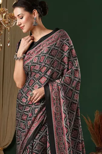 black ethnic motifs ajrak crepe saree