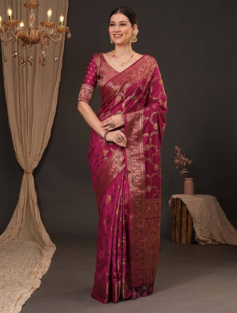 Magenta woven design zari silk blend banarasi saree