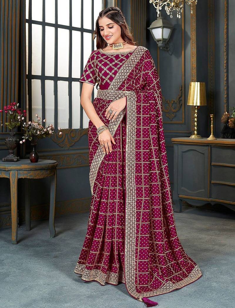 Magenta embellished bandhani saree