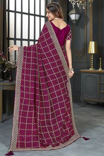 Magenta embellished bandhani saree