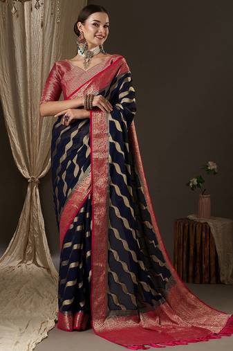navy blue navy blue & red woven design zari georgette kanjeevaram saree