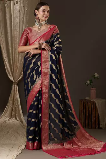 navy blue navy blue & red woven design zari georgette kanjeevaram saree