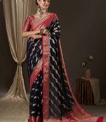 navy blue navy blue & red woven design zari georgette kanjeevaram saree
