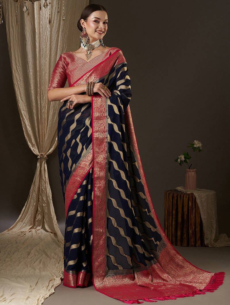 navy blue navy blue & red woven design zari georgette kanjeevaram saree