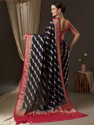 navy blue navy blue & red woven design zari georgette kanjeevaram saree 2
