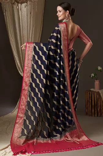 navy blue navy blue & red woven design zari georgette kanjeevaram saree