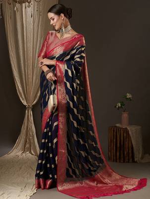 navy blue navy blue & red woven design zari georgette kanjeevaram saree 3