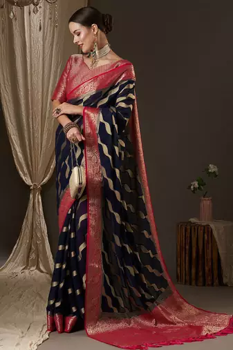 navy blue navy blue & red woven design zari georgette kanjeevaram saree