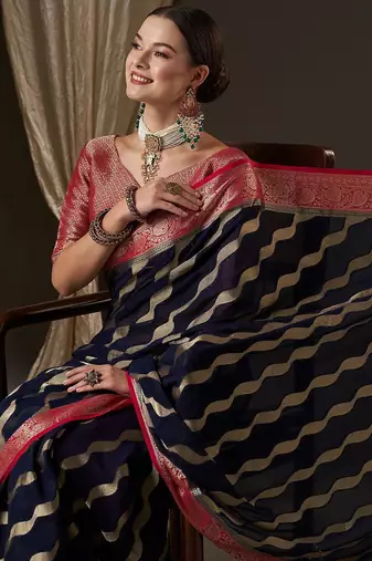 navy blue navy blue & red woven design zari georgette kanjeevaram saree