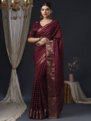 burgundy striped zari banarasi silk blend saree 1