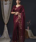 burgundy striped zari banarasi silk blend saree