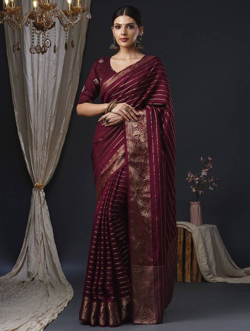 burgundy striped zari banarasi silk blend saree