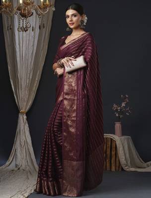 burgundy striped zari banarasi silk blend saree 2