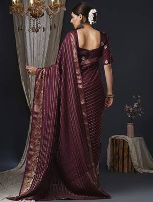 burgundy striped zari banarasi silk blend saree 3