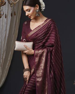 burgundy striped zari banarasi silk blend saree 4