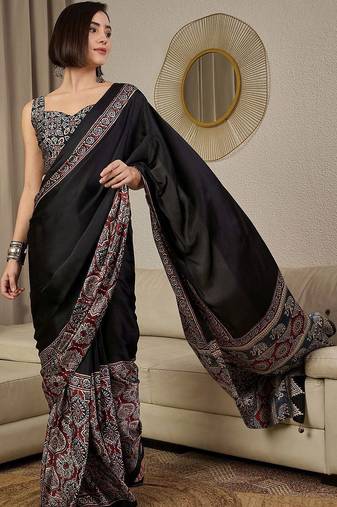black ethnic motifs ajrak crepe ready to wear block print saree