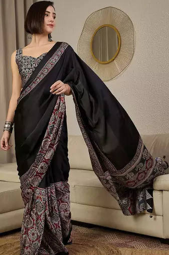 black ethnic motifs ajrak crepe ready to wear block print saree