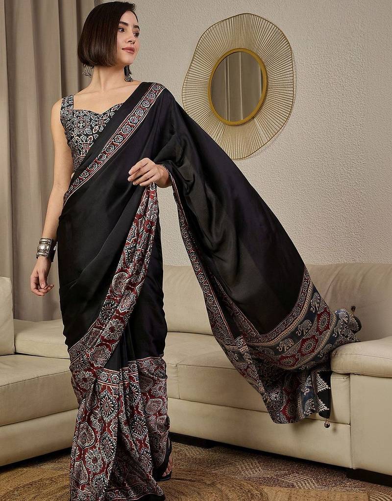 black ethnic motifs ajrak crepe ready to wear block print saree