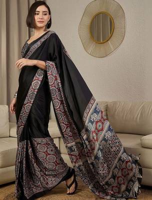 black ethnic motifs ajrak crepe ready to wear block print saree 2