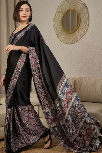 black ethnic motifs ajrak crepe ready to wear block print saree