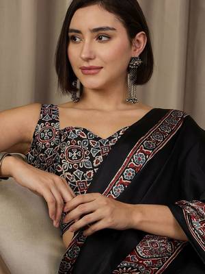 black ethnic motifs ajrak crepe ready to wear block print saree 3