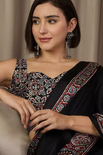 black ethnic motifs ajrak crepe ready to wear block print saree