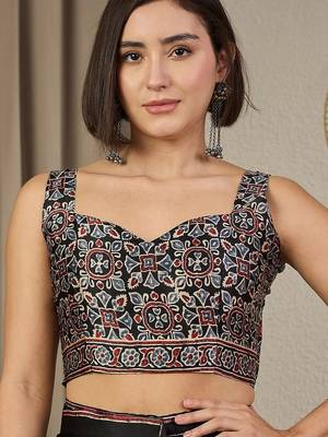 black ethnic motifs ajrak crepe ready to wear block print saree 4