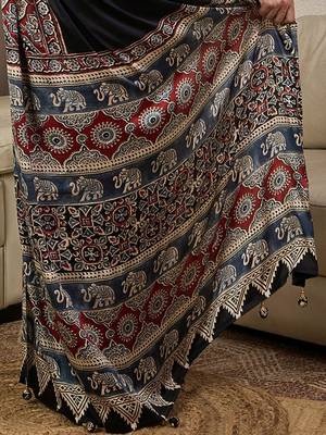 black ethnic motifs ajrak crepe ready to wear block print saree 5